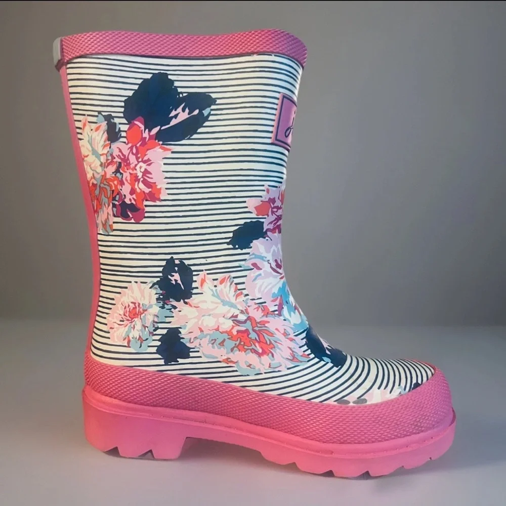 Joules Navy & Pink Floral Stripe Girls Waterproof Rain Boots; US 9(3/4yr.)